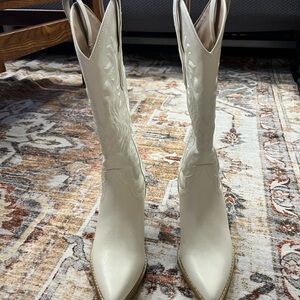 Altar'd State Cream Pointed-Toe Western Mid-Calf Boots